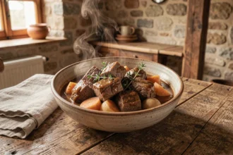 Ragoût d'agneau à l'ancienne servi dans un bol en céramique rustique sur une table en bois de chêne, ambiance cuisine de campagne française