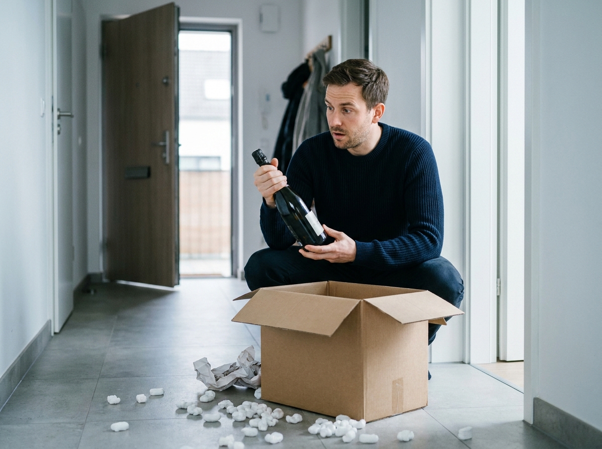 Homme déballant une bouteille de champagne reçue lors d'une livraison e-commerce à domicile