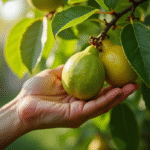 Main récoltant des goyaves mûres dans un jardin en été