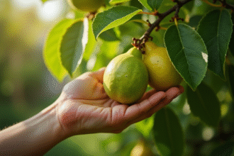 Main récoltant des goyaves mûres dans un jardin en été