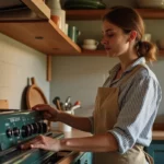 Femme réglant le thermostat d'un four à 180 degrés dans une cuisine de style campagne française