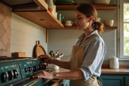 Femme réglant le thermostat d'un four à 180 degrés dans une cuisine de style campagne française