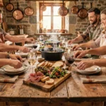 Grande table dressée pour 10 personnes avec plats à partager dans une cuisine rustique conviviale