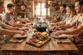 Grande table dressée pour 10 personnes avec plats à partager dans une cuisine rustique conviviale