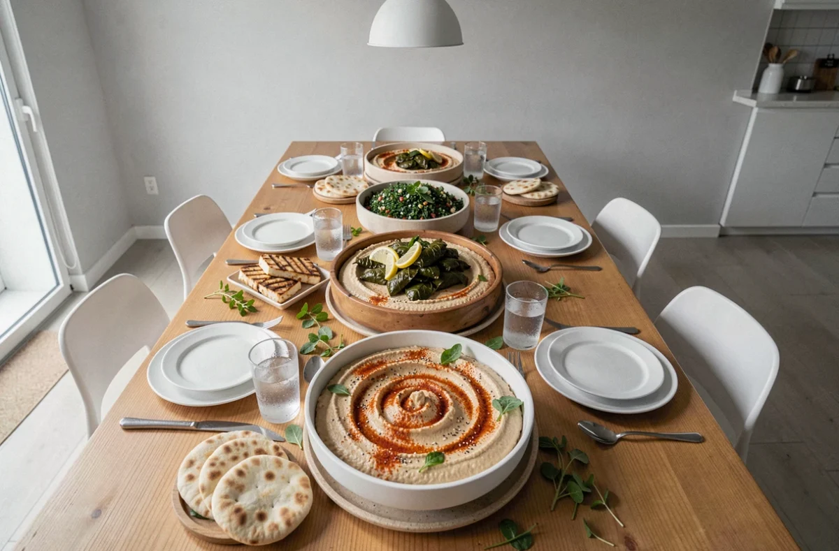 Vue du dessus d'un repas mezze partagé pour 10 amis avec houmous, taboule et grillades sur table en bois