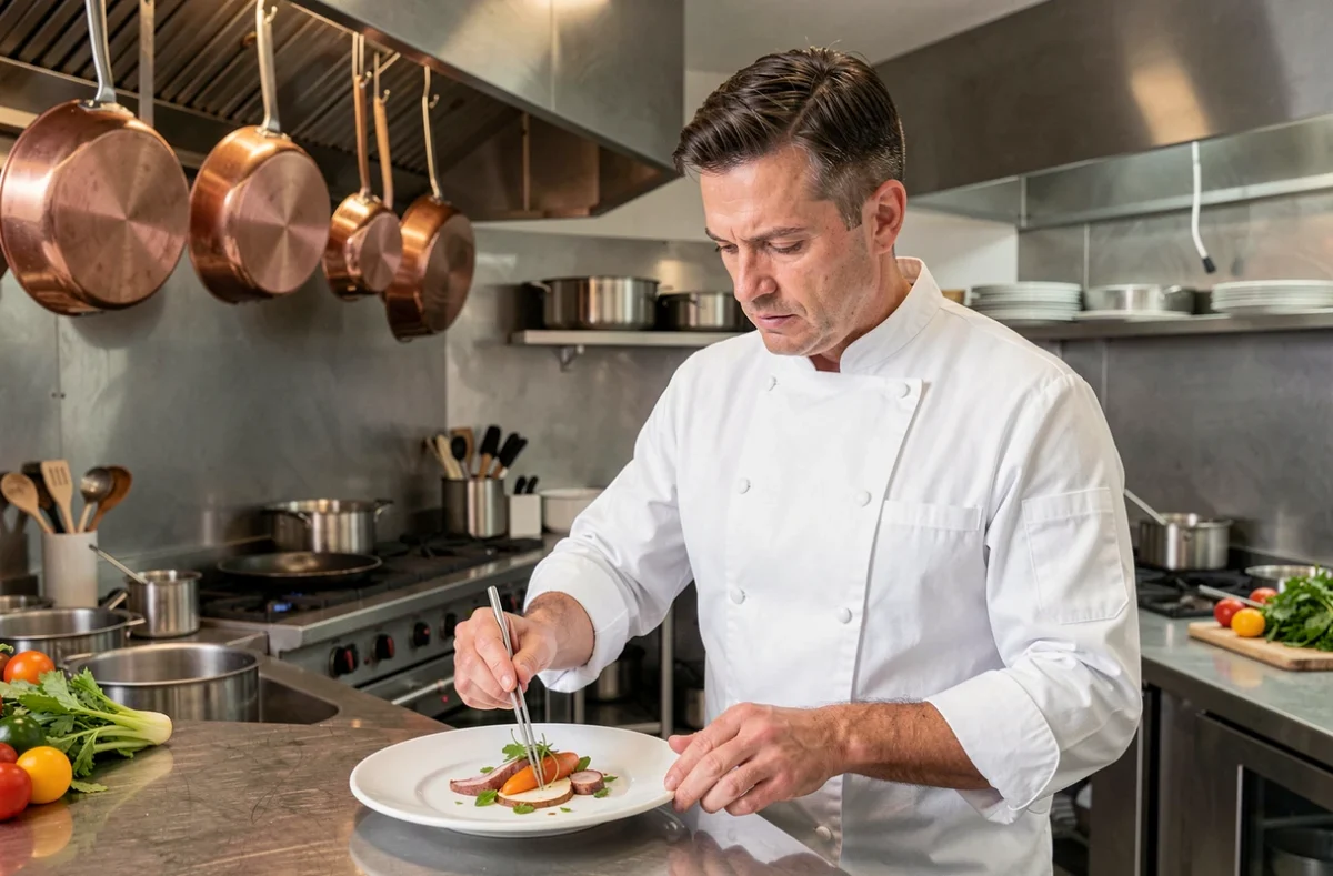 Chef cuisinier en veste blanche dressant une assiette gastronomique avec précision dans les cuisines du restaurant Eugène à Orléans