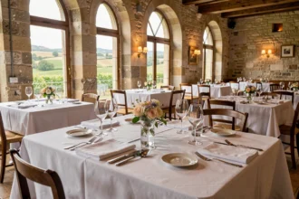 Salle de restaurant gastronomique en Val de Loire avec nappes blanches, verres en cristal et murs en pierre historique