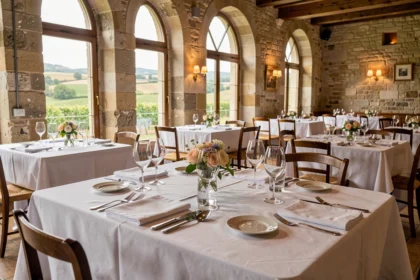 Salle de restaurant gastronomique en Val de Loire avec nappes blanches, verres en cristal et murs en pierre historique