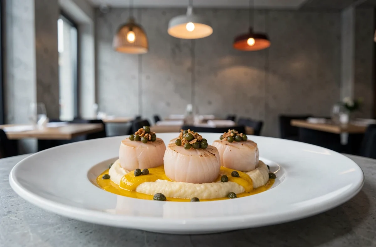 Assiette gastronomique moderne de Saint-Jacques au restaurant Nouvelle Ère à Metz