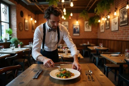 Intérieur original d'un restaurant lyonnais avec décoration vintage, briques apparentes et mobilier chiné dépareillé
