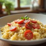 Risotto crémeux avec chorizo en bol blanc