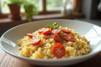 Risotto crémeux avec chorizo en bol blanc