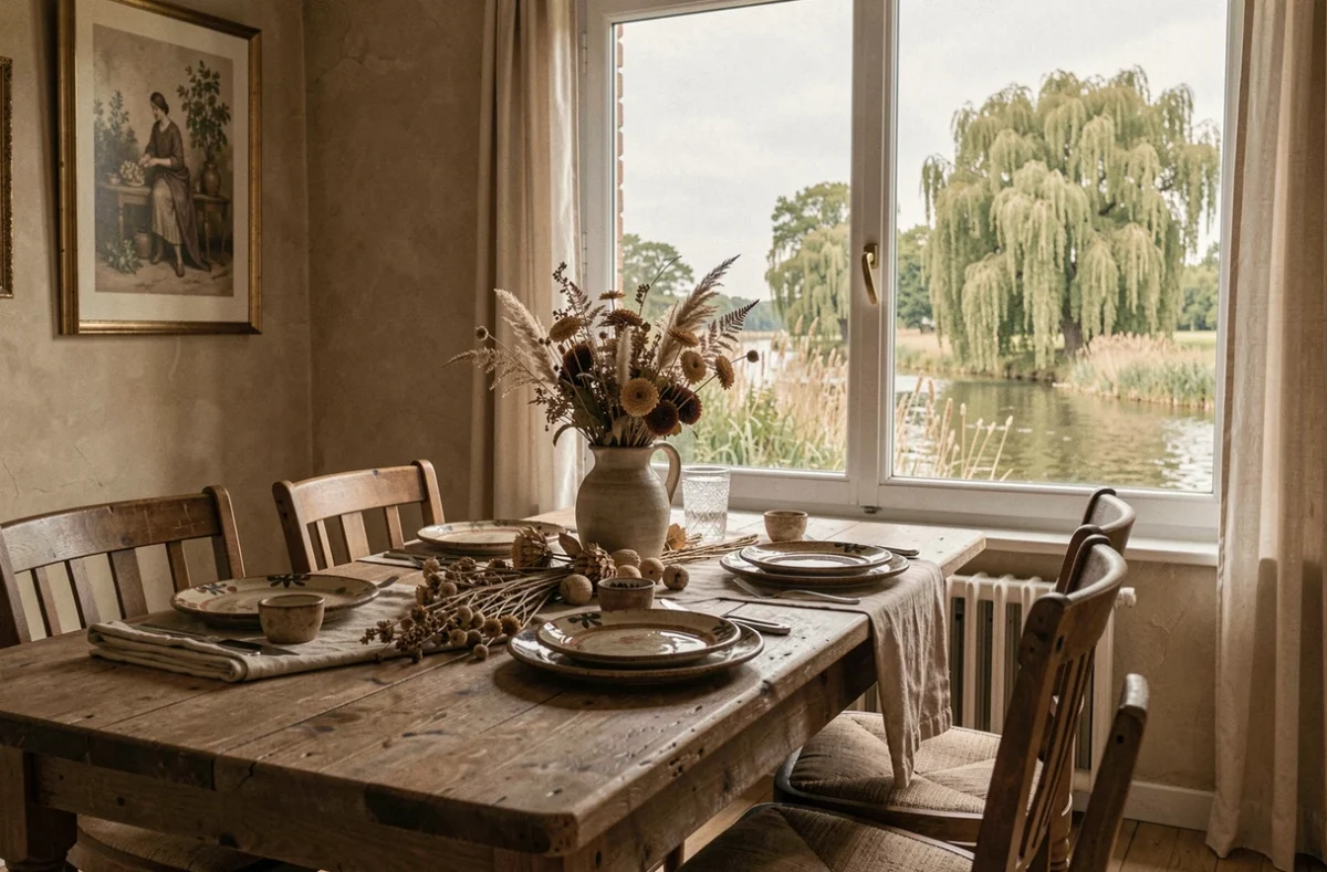 Table dressée avec céramiques artisanales aux Roseaux Pensants à Cormery avec vue sur la rivière Indre et saules pleureurs par la fenêtre