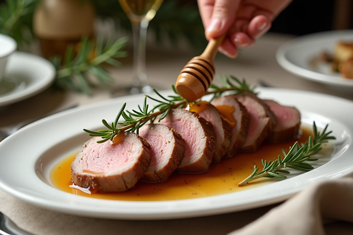 Rôti de veau tranché nappé de sauce miel et romarin sur un plat de service en céramique blanche