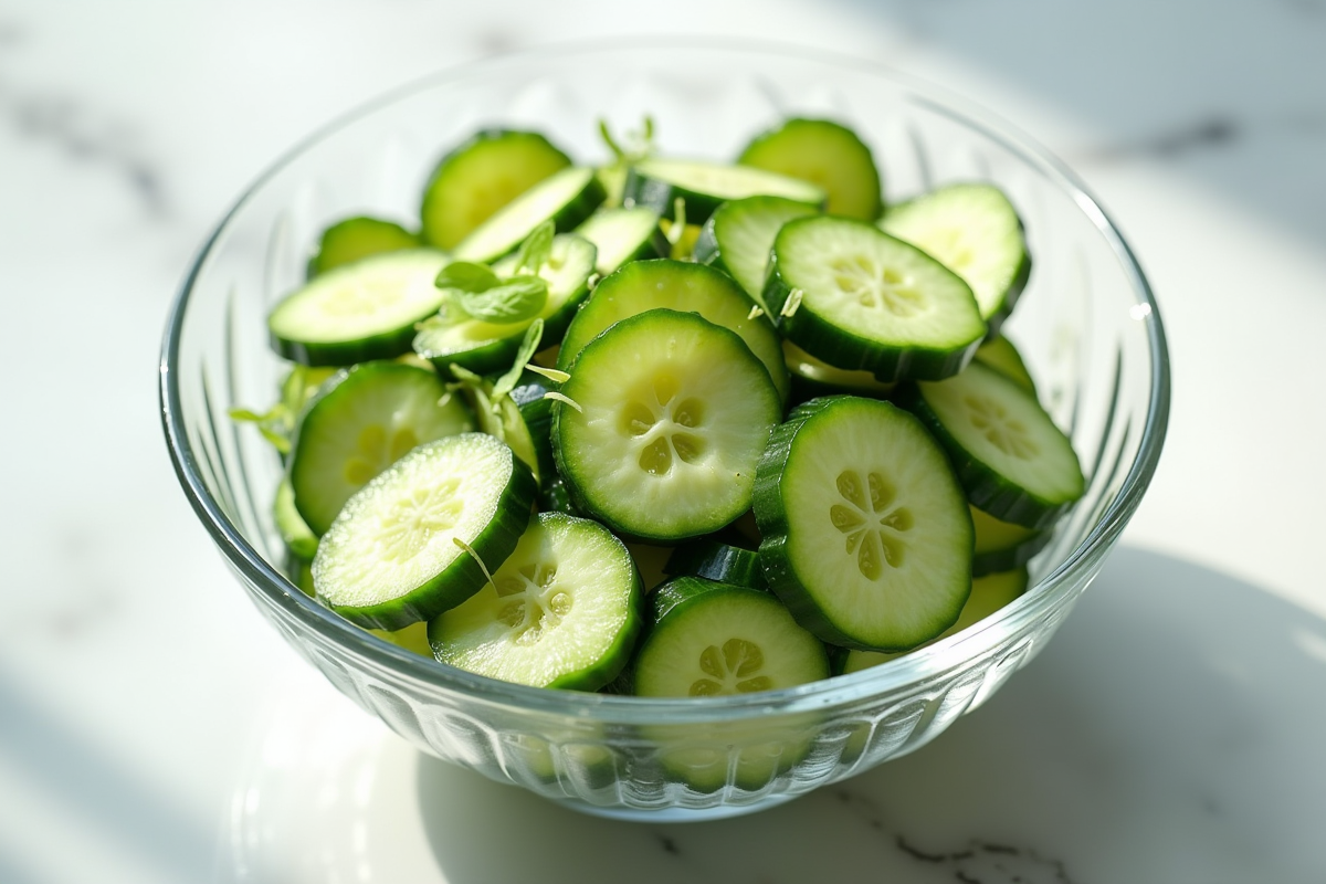 Salade de concombre fraîche dans un bol sur marbre