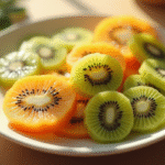 Salade de fruits avec kiwis tranchés sur une assiette blanche