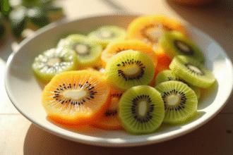 Salade de fruits avec kiwis tranchés sur une assiette blanche