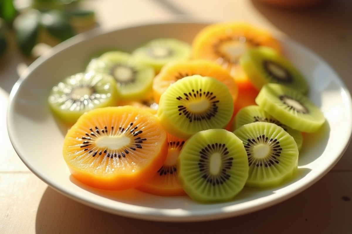 Salade de fruits avec kiwis tranchés sur une assiette blanche