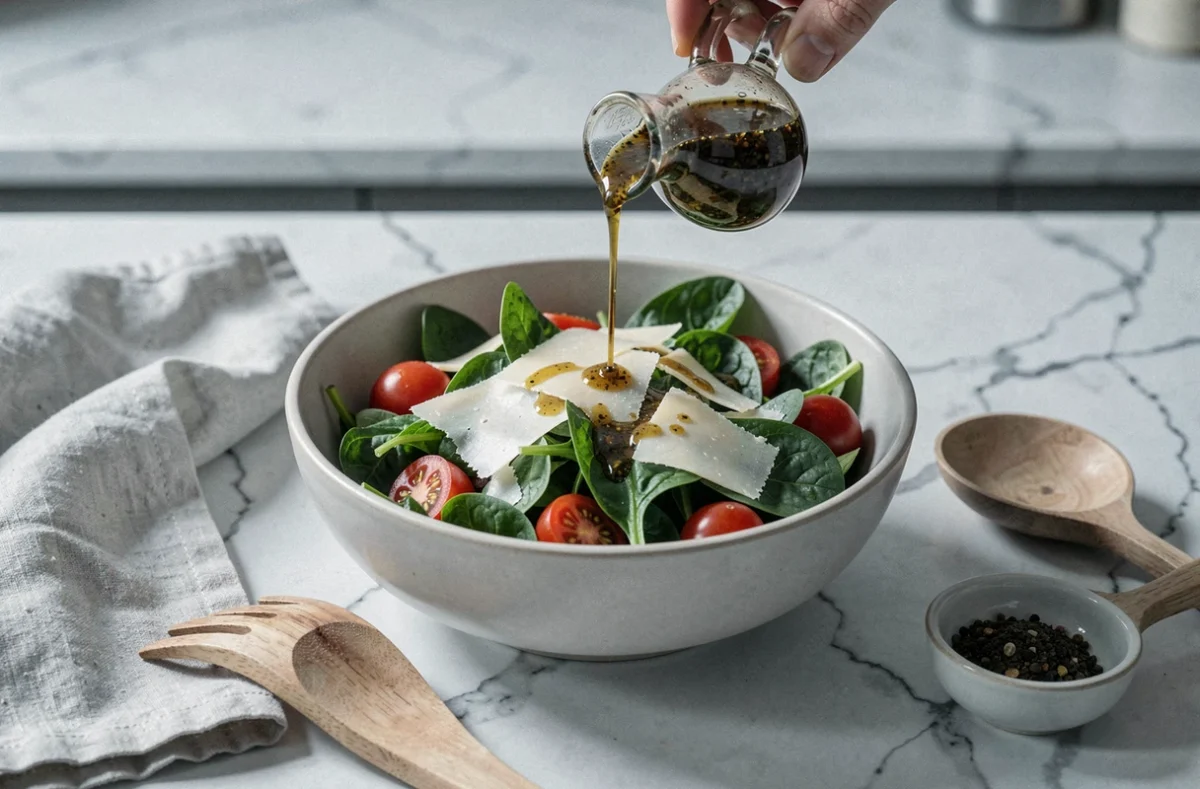 Salade fraîche arrosée de vinaigrette maison versée depuis une carafe vintage sur un plan de travail en marbre