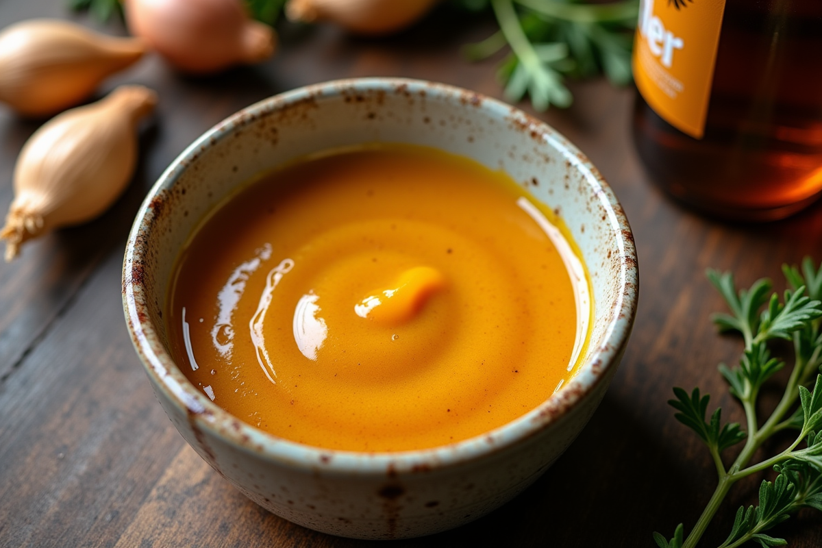 Sauce à la bière belge servie avec ingrédients frais sur une table en bois