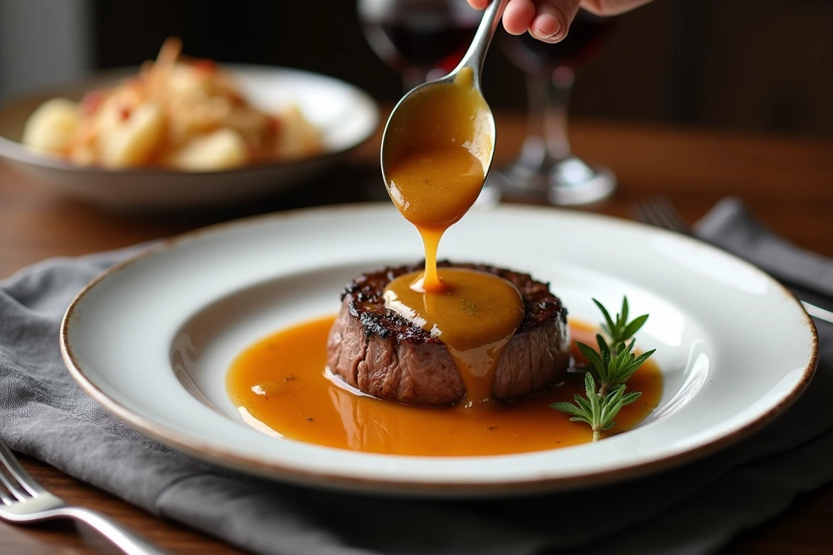 Sauce à l'échalote brillante nappée sur un steak grillé dans une assiette blanche avec thym frais et vin rouge