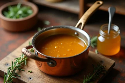 Sauce dorée au miel et romarin pour rôti de veau mijotant dans une casserole en cuivre rustique