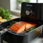 Filet de saumon cuit dans une friteuse Moulinex sur un plan de travail