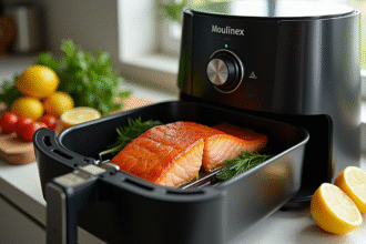 Filet de saumon cuit dans une friteuse Moulinex sur un plan de travail