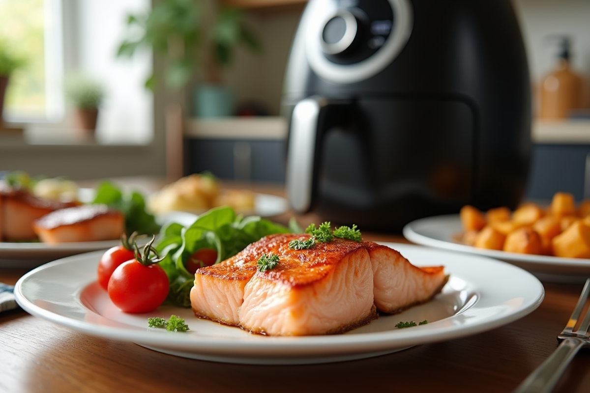 Saumon doré servi avec légumes rôtis sur une table lumineuse