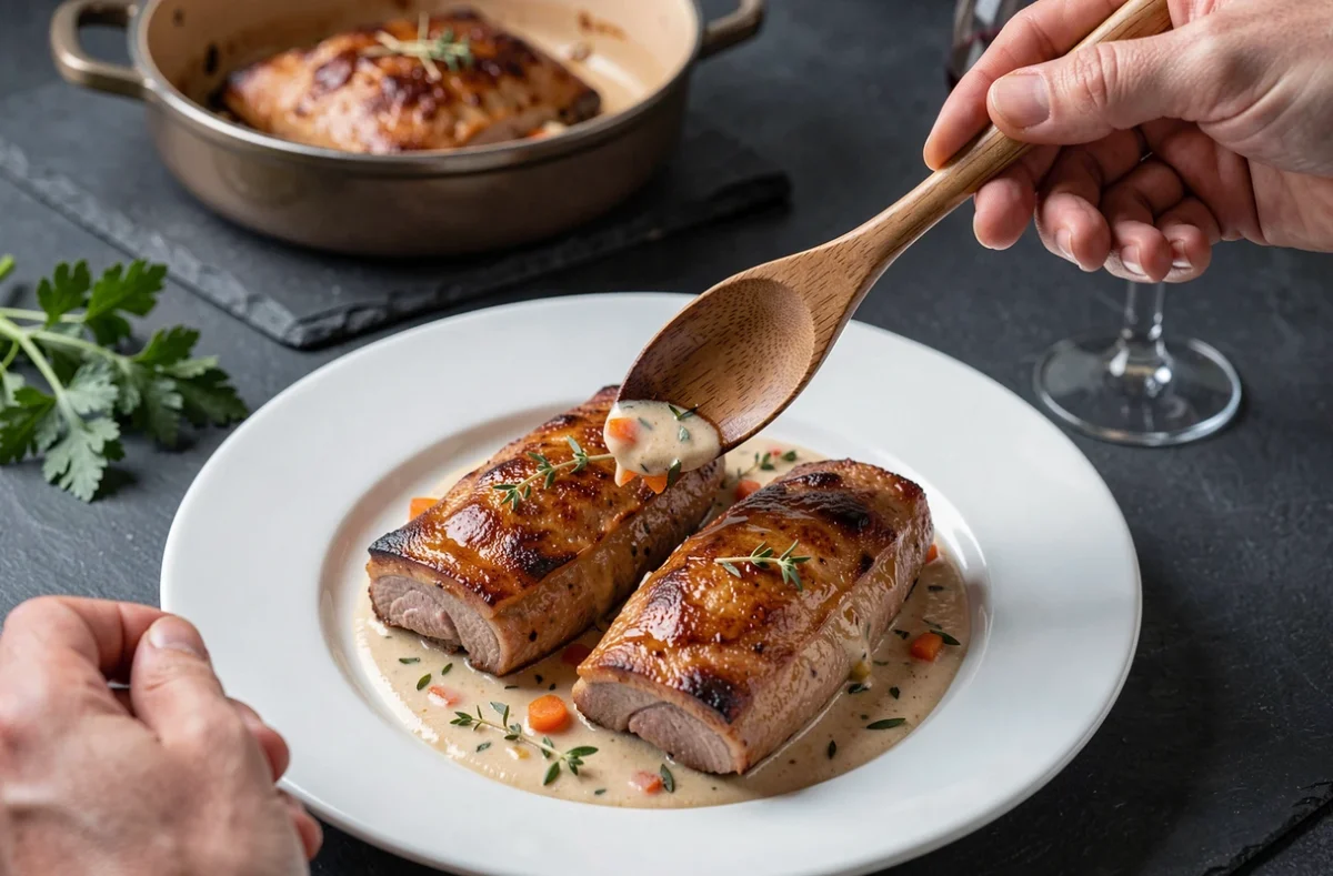 Service de paupiettes de porc dorées dans une assiette blanche avec sauce aux herbes et légumes