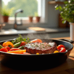 Set de cocotte en fonte avec légumes et steak appétissant