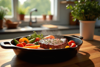 Set de cocotte en fonte avec légumes et steak appétissant