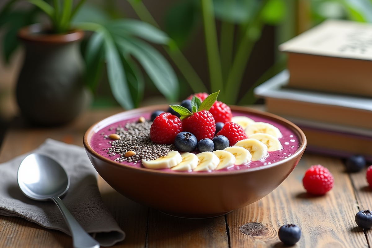 Bol de smoothie aux bananes tranchées et fruits frais
