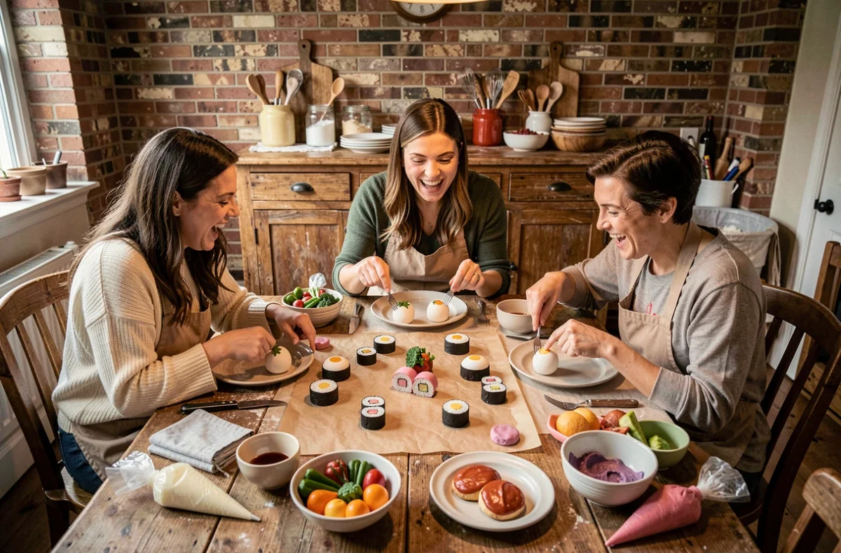 Groupe d'amis riant autour d'une table avec leurs créations pâtisserie trompe l'œil lors d'une soirée conviviale