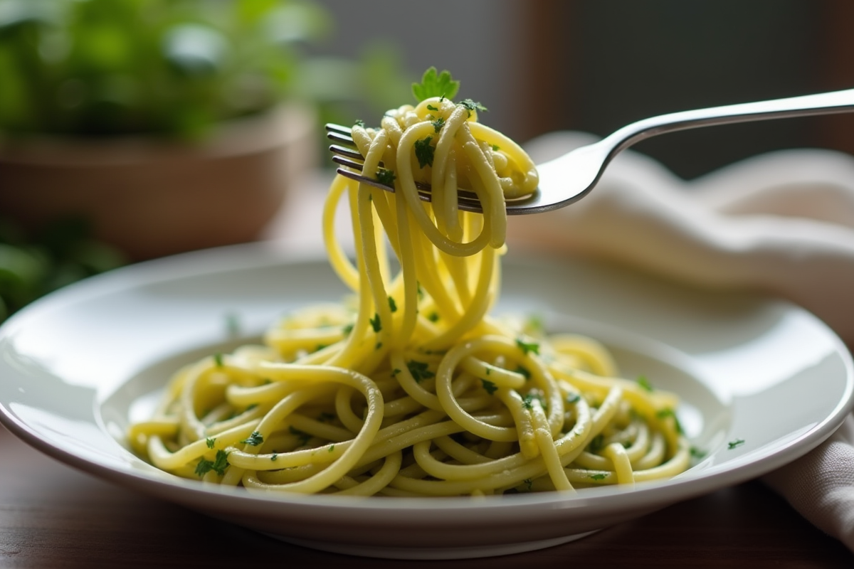 Spaghetti au pesto enroulé sur une fourchette avec escalope en arrière-plan