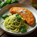 Assiette de spaghetti au pesto vert avec escalope milanaise