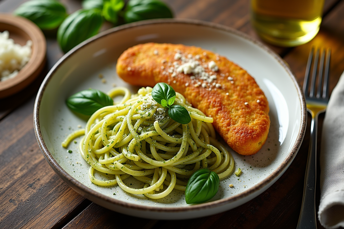 Assiette de spaghetti au pesto vert avec escalope milanaise