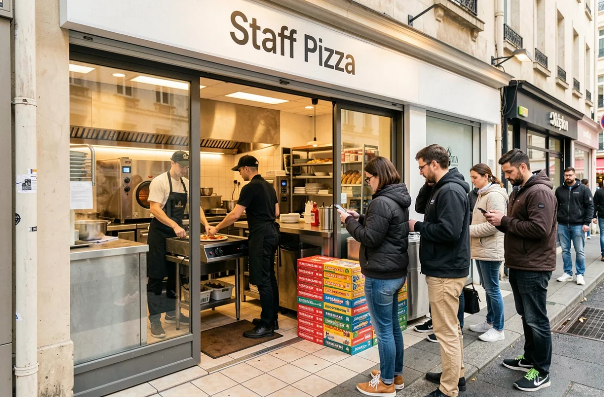Façade et comptoir animé de Staff Pizza à Dijon avec deux employés en tablier noir préparant des pizzas dans une cuisine ouverte devant des clients en attente
