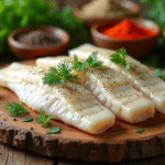 Table en bois avec filets de poisson et herbes fraîches