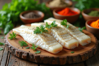 Table en bois avec filets de poisson et herbes fraîches