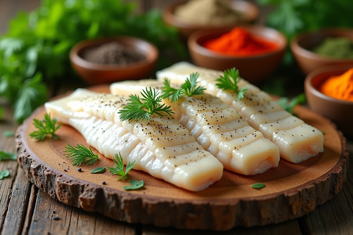 Table en bois avec filets de poisson et herbes fraîches
