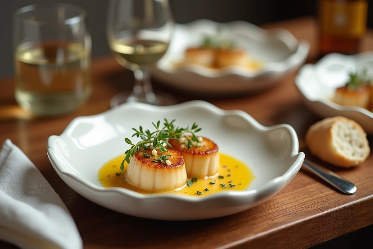 Table dressée avec des coquilles Saint-Jacques en sauce safranée au vin blanc dans des coques en céramique blanche