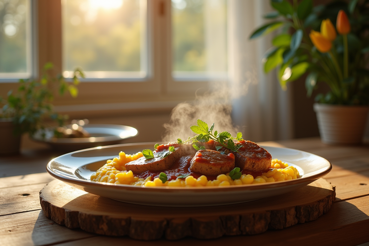 Table rustique en bois avec plat de polenta et bœuf bourguignon