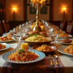 Grande table de fête égyptienne couverte de plats traditionnels comme le fattah, mahshi et konafa sur des plateaux en céramique peinte