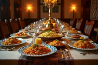 Grande table de fête égyptienne couverte de plats traditionnels comme le fattah, mahshi et konafa sur des plateaux en céramique peinte