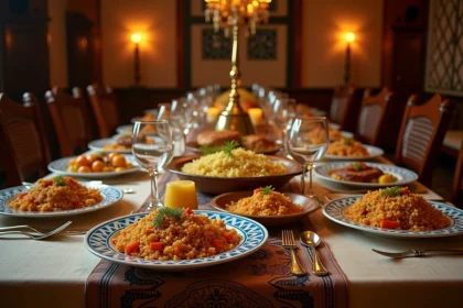 Grande table de fête égyptienne couverte de plats traditionnels comme le fattah, mahshi et konafa sur des plateaux en céramique peinte