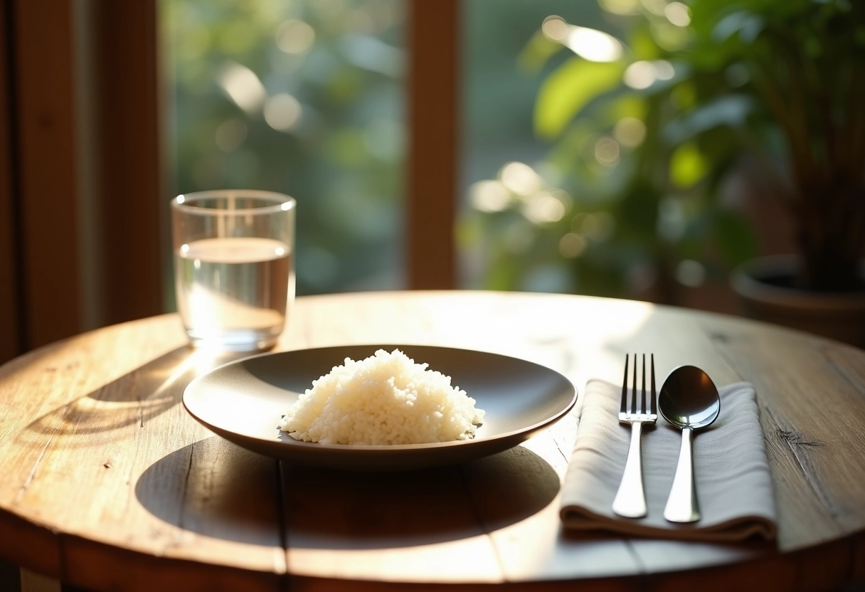 Table rustique avec assiette de riz et vue jardin en arrière-plan