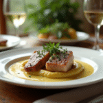 Table rustique avec plat de lapin sauce moutarde
