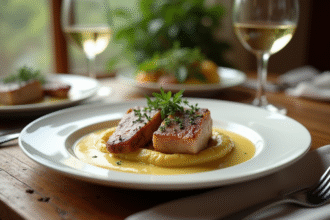 Table rustique avec plat de lapin sauce moutarde