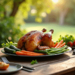 Table rustique avec poulet rôti et légumes colorés en plein air